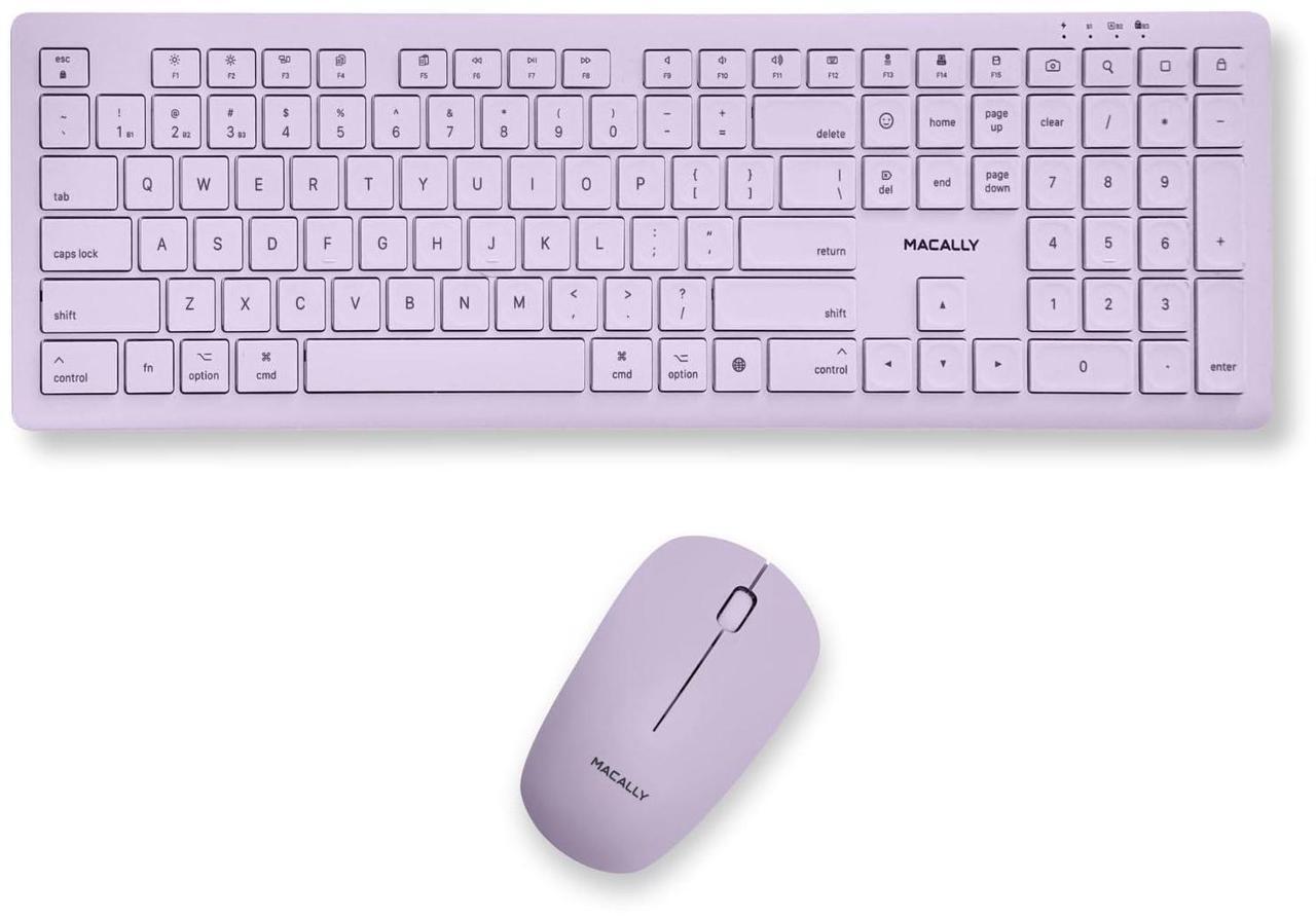 Main image of Macally Bluetooth Keyboard and Mouse Combo for Mac, iPad, iPhone - Vibrant iMac Colors - (3 Channels, Rechargeable, Full Size, Emoji Keys) - Mac Mouse and Keyboard Combo Wireless - Purple
