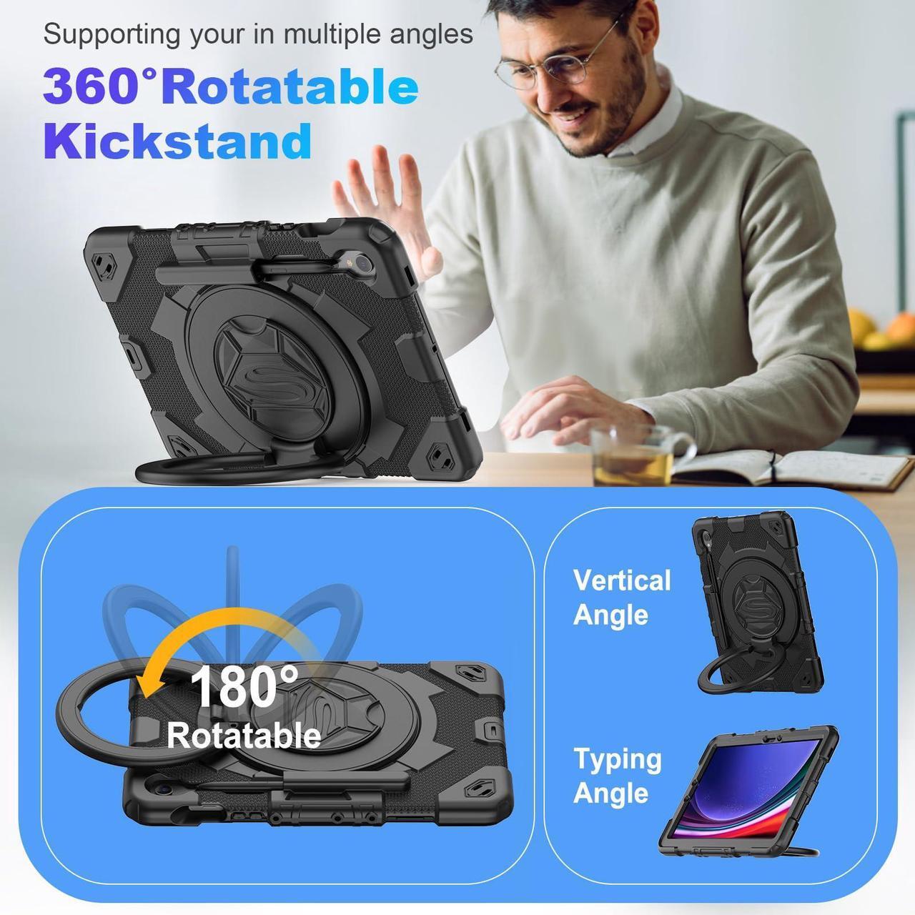 Alt view image 3 of 5 - Timecity Case for Samsung Galaxy Tab S9 FE 5G 10.9''/ Tab S9 11'' 2023: Heavy Duty Protection Case with Screen Protector, S Pen Holder, [360 Rotating Hand Grip] &Stand, S9 FE/S9 Tablet Case, Black