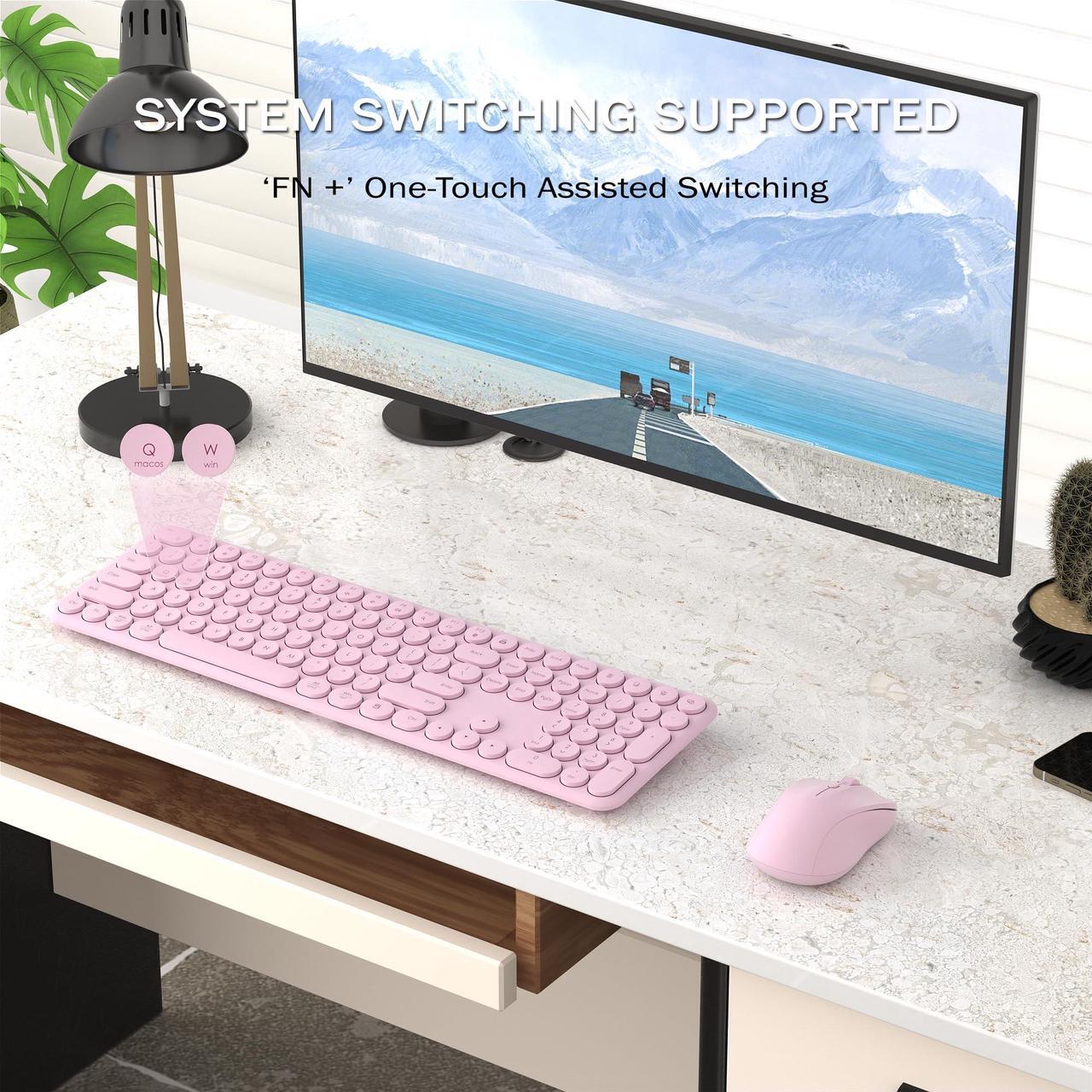 Alt view image 2 of 5 - KEQTFT Wireless Keyboard and Mouse Combo, 110 Round Quiet Keys, Adjustable Optical Mouse, Share 1xUSB Receiver, Power Switch, for Windows Mac(Pink)