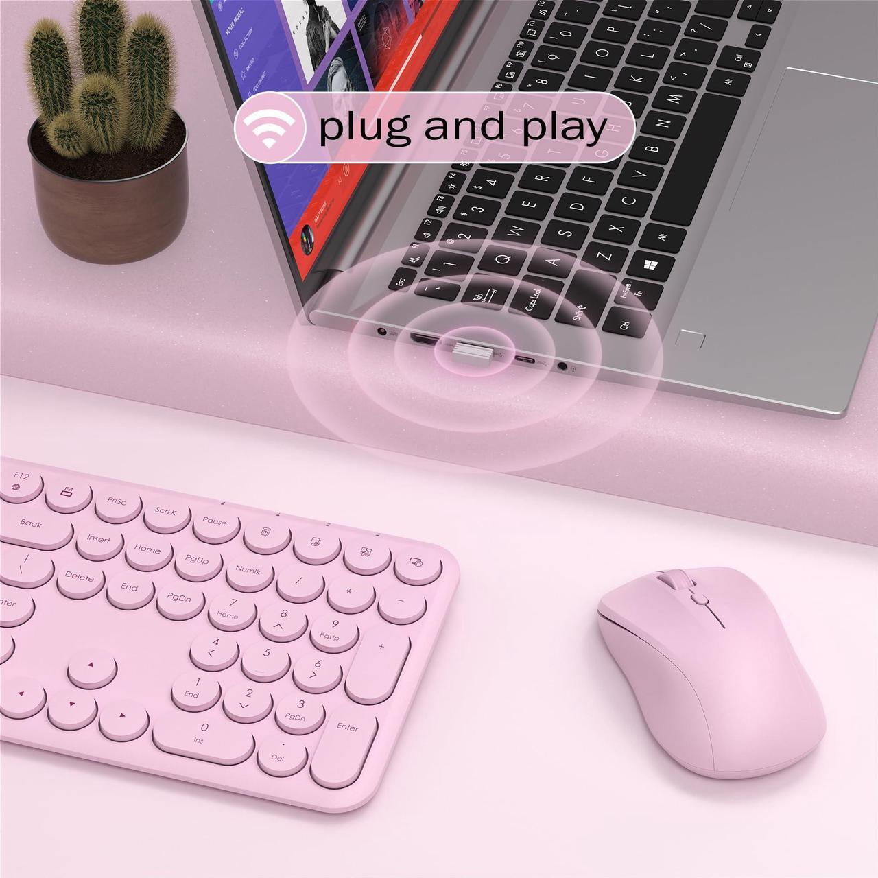 Alt view image 3 of 5 - KEQTFT Wireless Keyboard and Mouse Combo, 110 Round Quiet Keys, Adjustable Optical Mouse, Share 1xUSB Receiver, Power Switch, for Windows Mac(Pink)