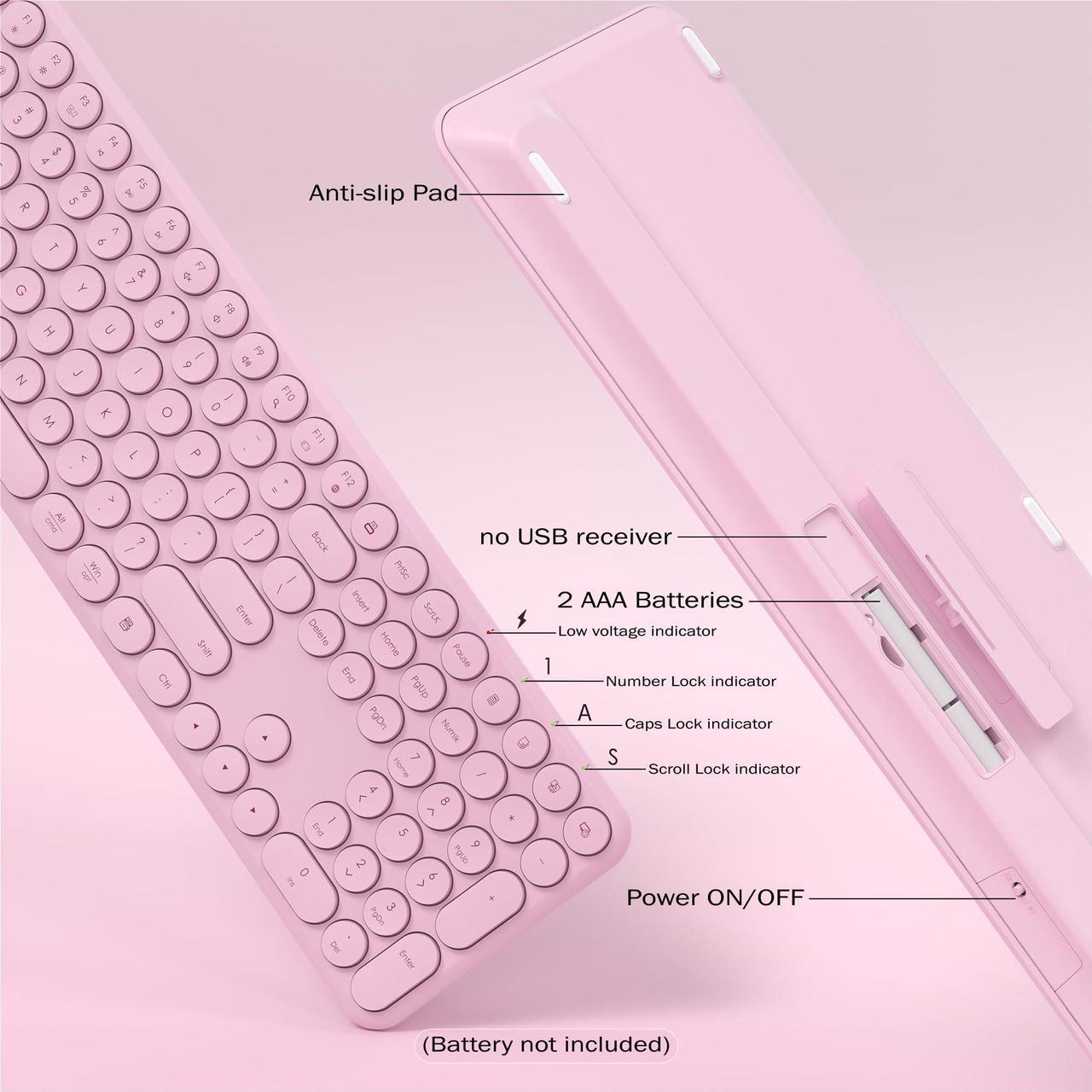 Alt view image 4 of 5 - KEQTFT Wireless Keyboard and Mouse Combo, 110 Round Quiet Keys, Adjustable Optical Mouse, Share 1xUSB Receiver, Power Switch, for Windows Mac(Pink)