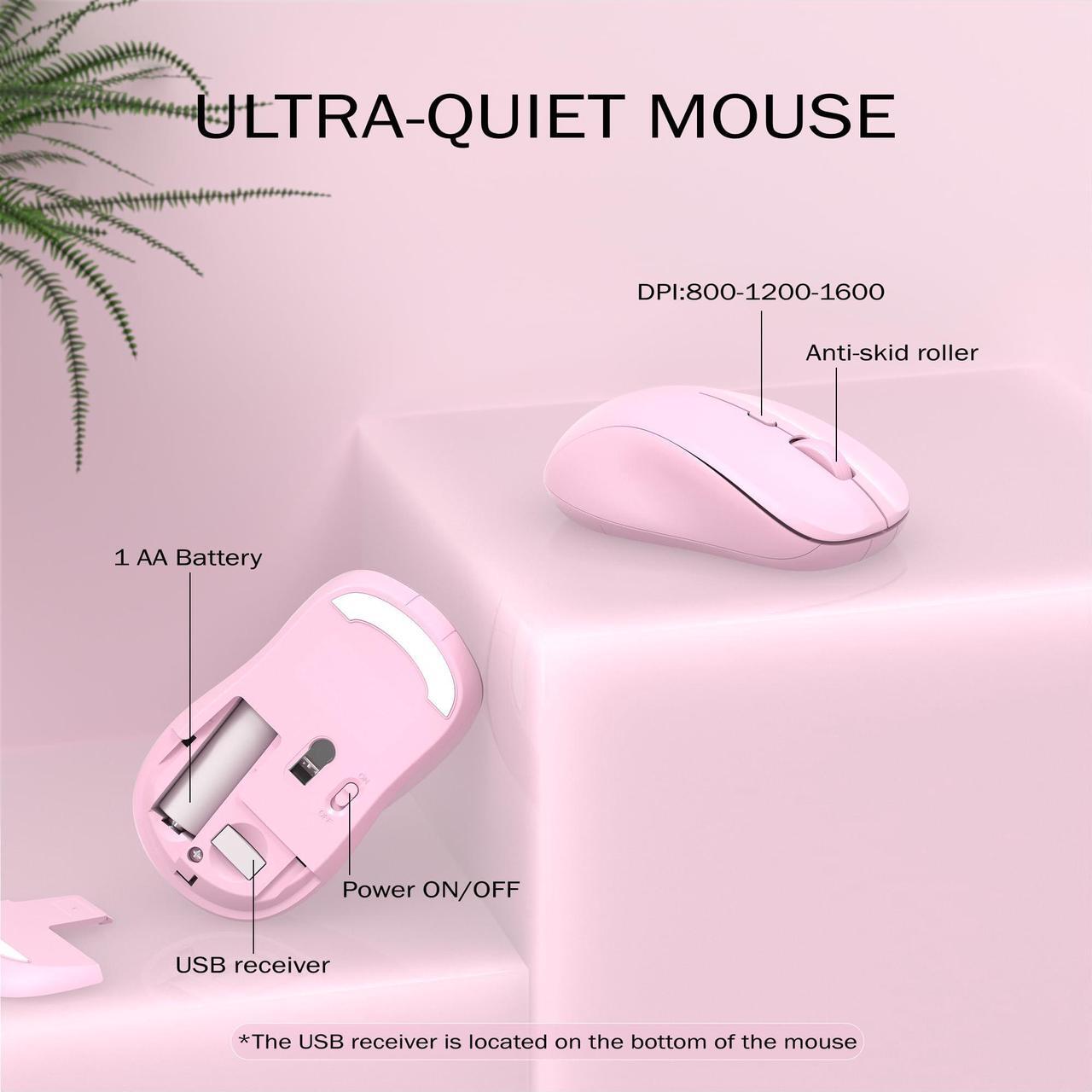 Alt view image 5 of 5 - KEQTFT Wireless Keyboard and Mouse Combo, 110 Round Quiet Keys, Adjustable Optical Mouse, Share 1xUSB Receiver, Power Switch, for Windows Mac(Pink)