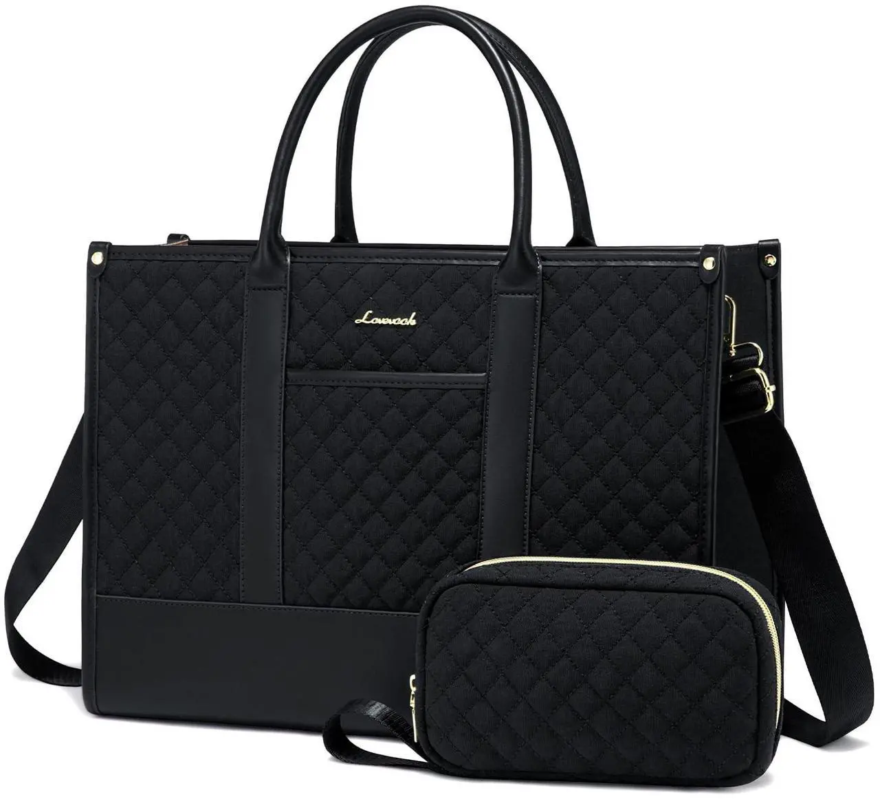 Main image of LOVEVOOK Laptop Bags for Women, 17 inch Waterproof Work Tote Bag with Clutch, Professional Teacher Computer Purse Lightweight Shoulder Bag Travel, Quilted Black