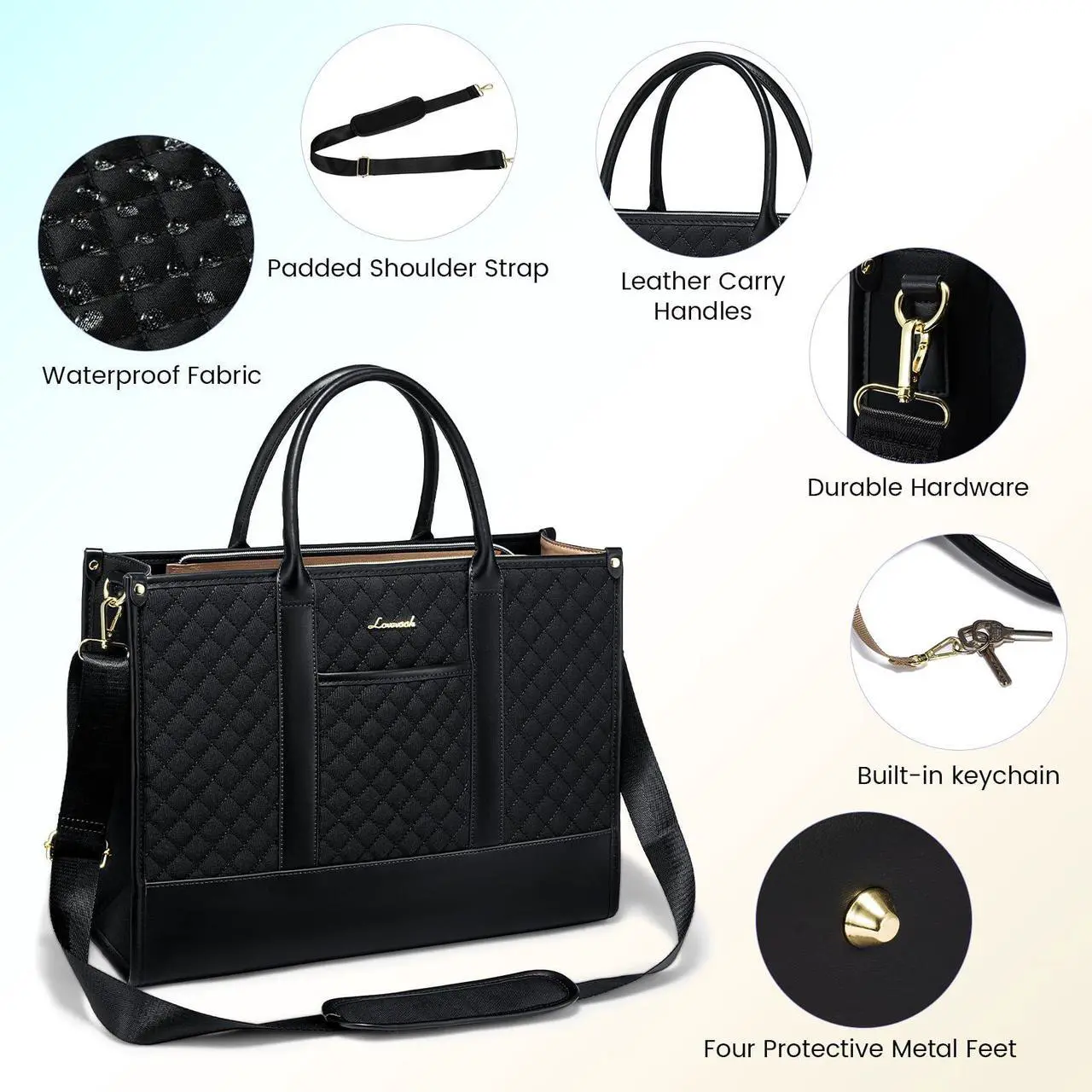 Alt view image 4 of 5 - LOVEVOOK Laptop Bags for Women, 17 inch Waterproof Work Tote Bag with Clutch, Professional Teacher Computer Purse Lightweight Shoulder Bag Travel, Quilted Black