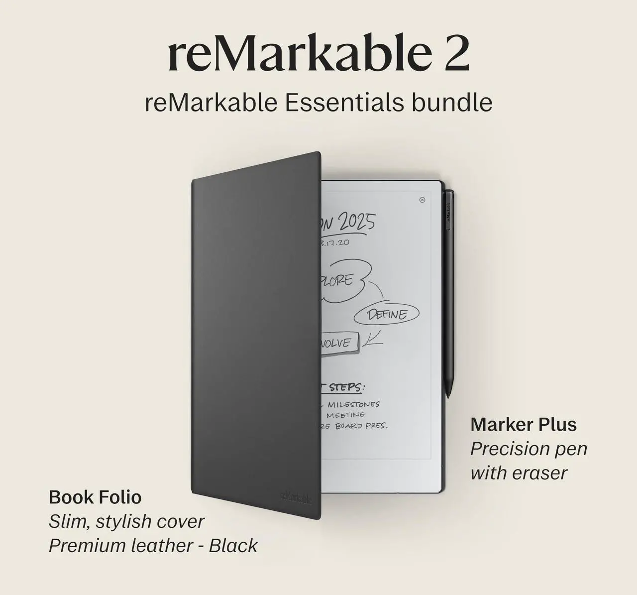 Alt view image 3 of 5 - reMarkable 2 Bundle - Leather Folio | 10.3'' reMarkable 2 Paper Tablet, Marker Plus Pen with Built-in Eraser and Book Folio Case in Black Premium Leather