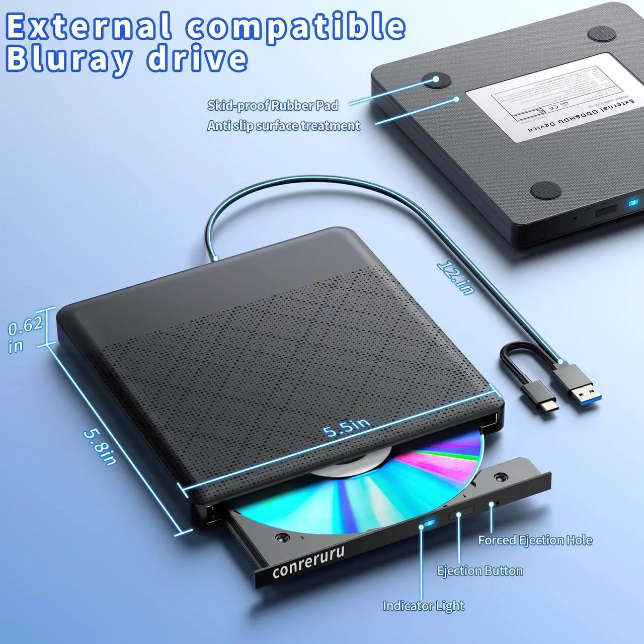 Alt view image 2 of 5 - External Compatible with Bluray Drives Read/Write Portable Compatible with Blu ray Burner USB 3.0 Type-C/Windows 7-11 Mac OS Laptop Compatible with Read BD DVD CD for pc best dvd drive(black)