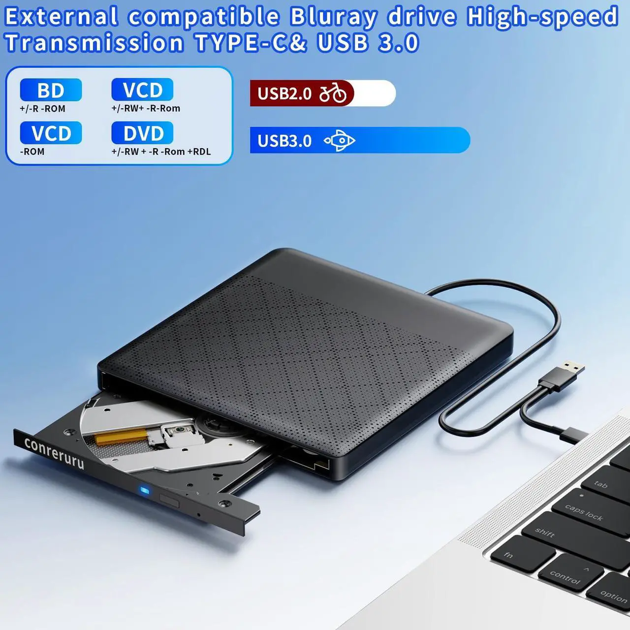 Alt view image 3 of 5 - External Compatible with Bluray Drives Read/Write Portable Compatible with Blu ray Burner USB 3.0 Type-C/Windows 7-11 Mac OS Laptop Compatible with Read BD DVD CD for pc best dvd drive(black)