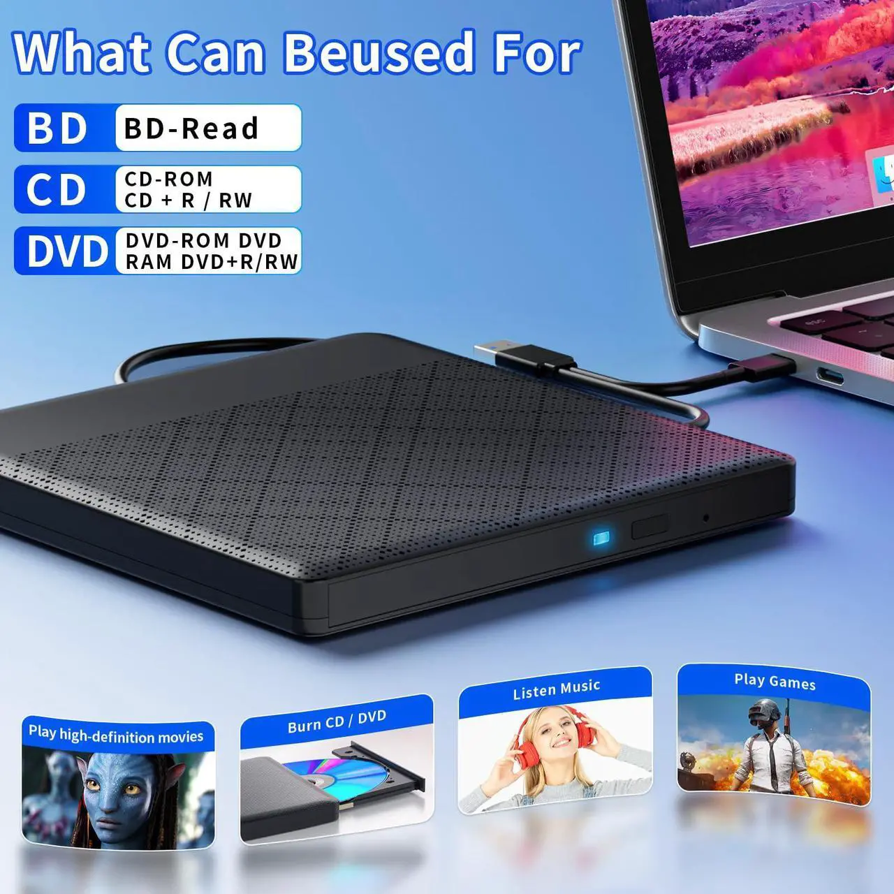 Alt view image 4 of 5 - External Compatible with Bluray Drives Read/Write Portable Compatible with Blu ray Burner USB 3.0 Type-C/Windows 7-11 Mac OS Laptop Compatible with Read BD DVD CD for pc best dvd drive(black)