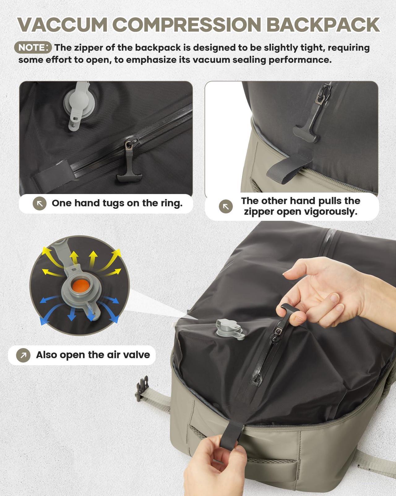 Alt view image 3 of 5 - Large Vacuum Travel Backpack with Pump for Women,Airback Personal Item Carry on Backpacks Flight Approved 18x14x8 inches for Men,Laptop Waterproof Work Compression bags Casual Daypack,GreyBrown