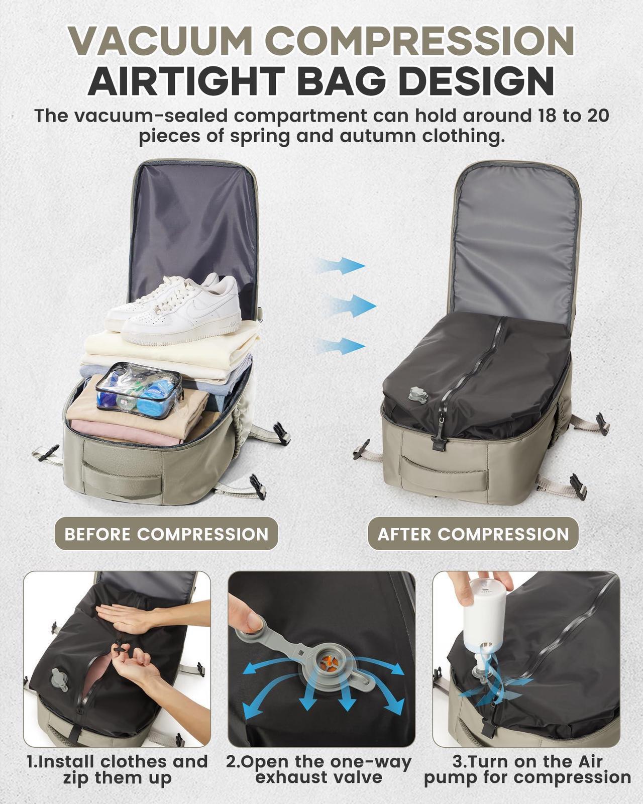 Alt view image 4 of 5 - Large Vacuum Travel Backpack with Pump for Women,Airback Personal Item Carry on Backpacks Flight Approved 18x14x8 inches for Men,Laptop Waterproof Work Compression bags Casual Daypack,GreyBrown