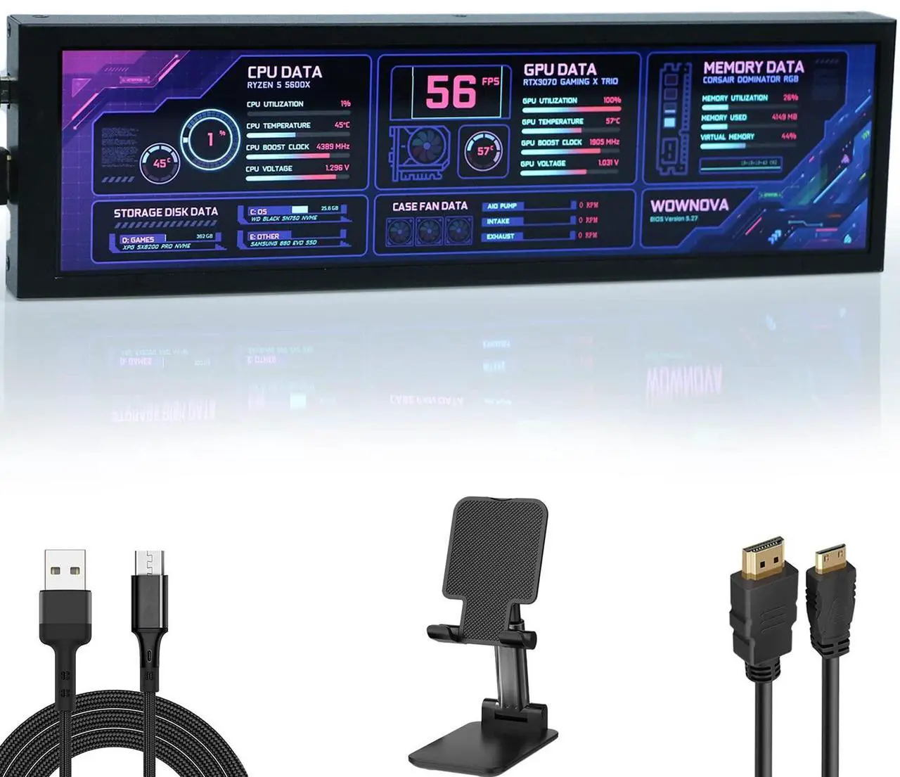 Main image of WOWNOVA Computer Hardware Temp Sensor Panel 8.8" Monitor, PC Temperature Display, HD LCD Screen for PC Case Accessories Gaming Secondary Monitor, Compatible with Windows RPi (No-Touch)