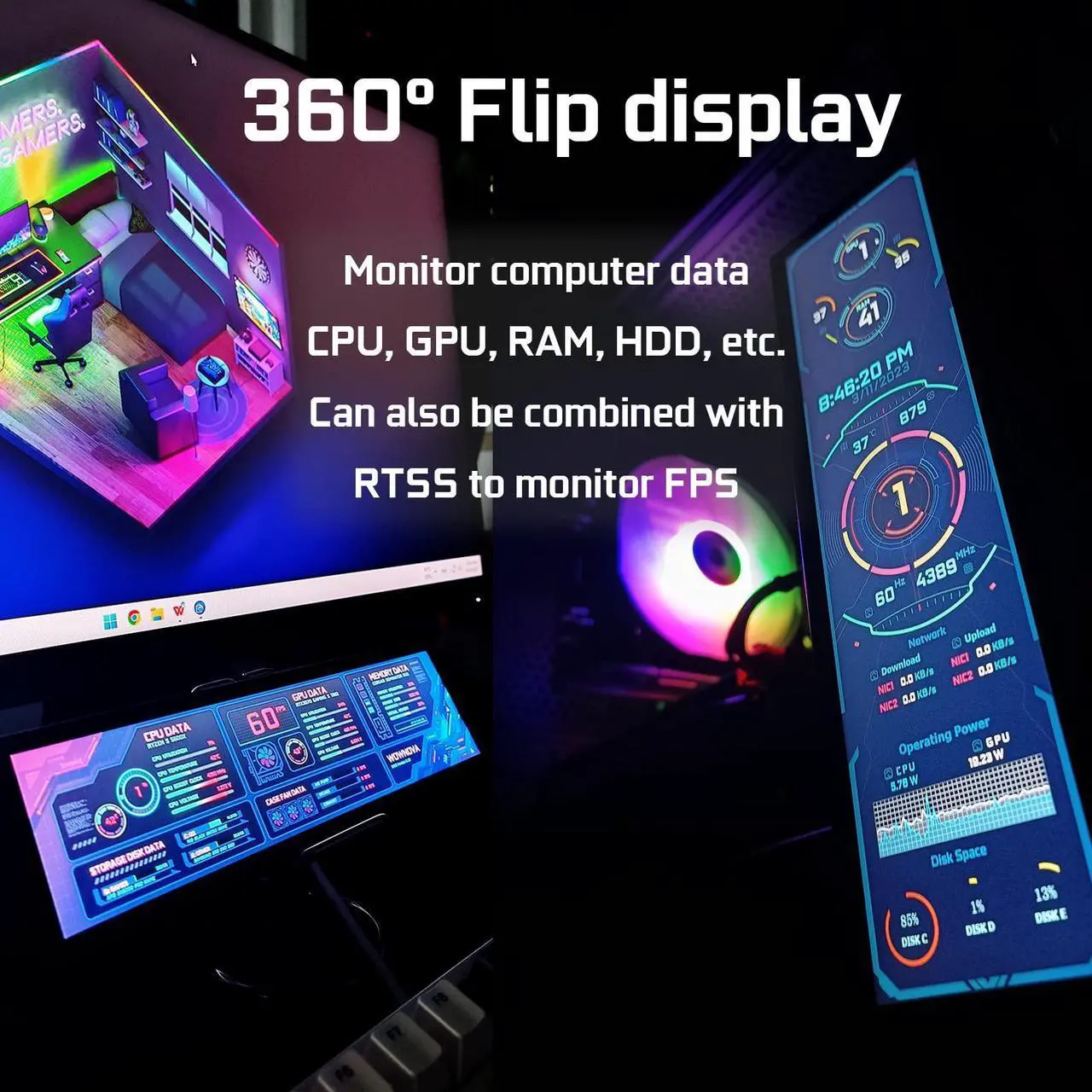Alt view image 4 of 5 - WOWNOVA Computer Hardware Temp Sensor Panel 8.8" Monitor, PC Temperature Display, HD LCD Screen for PC Case Accessories Gaming Secondary Monitor, Compatible with Windows RPi (No-Touch)