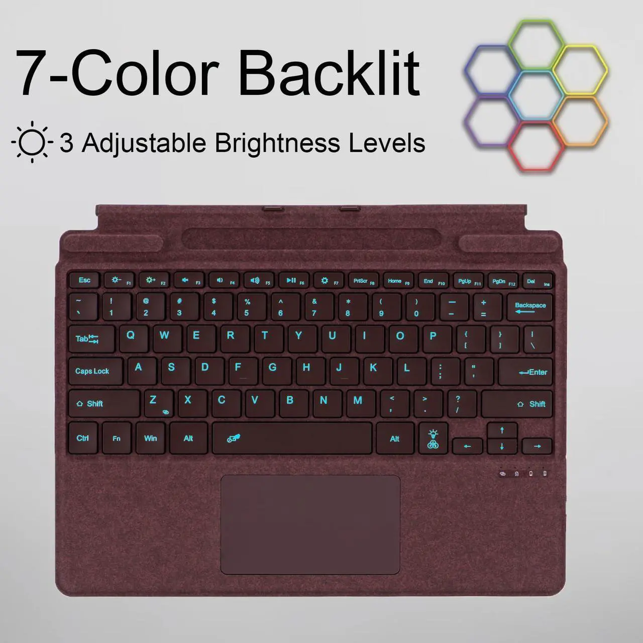 Alt view image 3 of 5 - Zoof Type Cover for Microsoft Surface Pro 11 / Pro 10 / Pro 9 / Pro 8 / Pro X, 13 inch, Portable Slim Bluetooch Keyboard with Touchpad, Pen Holder (Burgundy with Backlit)