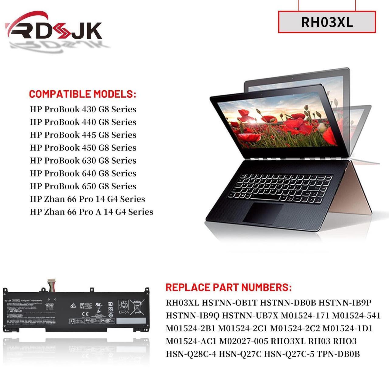 Alt view image 3 of 5 - RH03XL Laptop Battery for HP ProBook 430 440 445 450 630 640 650 G8 Zhan 66 Pro 14 G4 Series TPN-DB0B HSTNN-OB1T HSTNN-DB0B HSTNN-IB9P HSTNN-IB9Q HSTNN-UB7X M01524-2B1 M01524-AC1 M02027-005 11.4V 45Wh