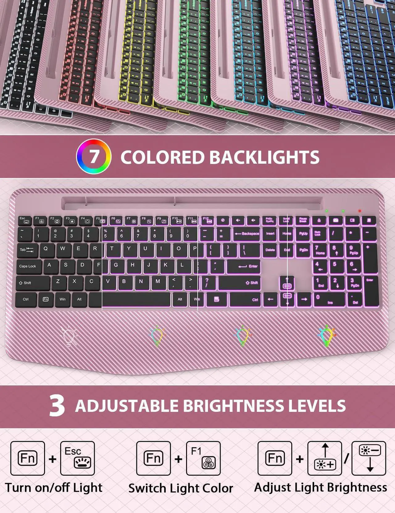 Alt view image 2 of 5 - Wireless Keyboard and Mouse Backlits, Wrist Rest, LED Mouse, Rechargeable Ergonomic Keyboard with Phone Holder, Silent Light Up Combo for Computer, Mac, PC, Laptop, Chromebook (Rose Gold)