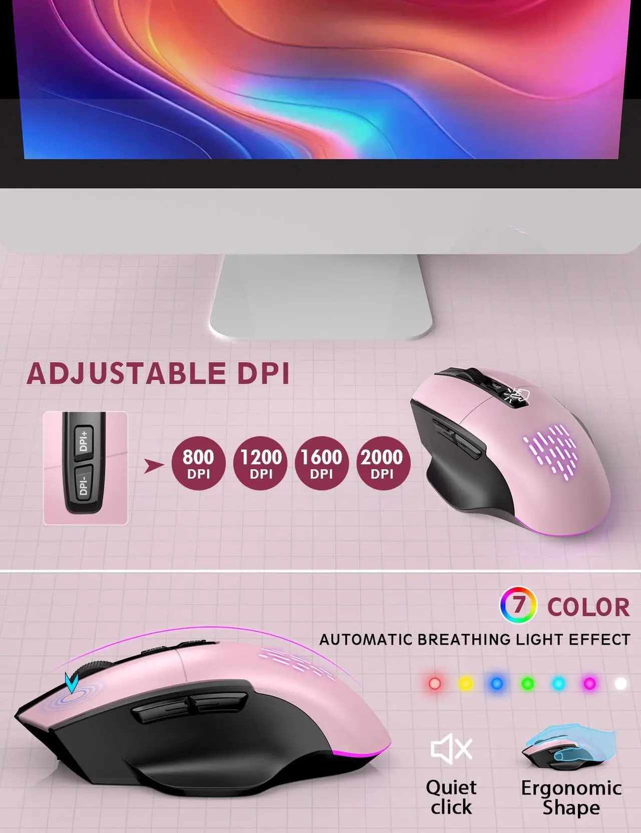 Alt view image 4 of 5 - Wireless Keyboard and Mouse Backlits, Wrist Rest, LED Mouse, Rechargeable Ergonomic Keyboard with Phone Holder, Silent Light Up Combo for Computer, Mac, PC, Laptop, Chromebook (Rose Gold)