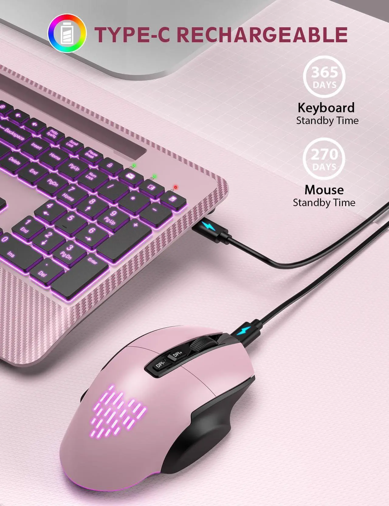 Alt view image 5 of 5 - Wireless Keyboard and Mouse Backlits, Wrist Rest, LED Mouse, Rechargeable Ergonomic Keyboard with Phone Holder, Silent Light Up Combo for Computer, Mac, PC, Laptop, Chromebook (Rose Gold)