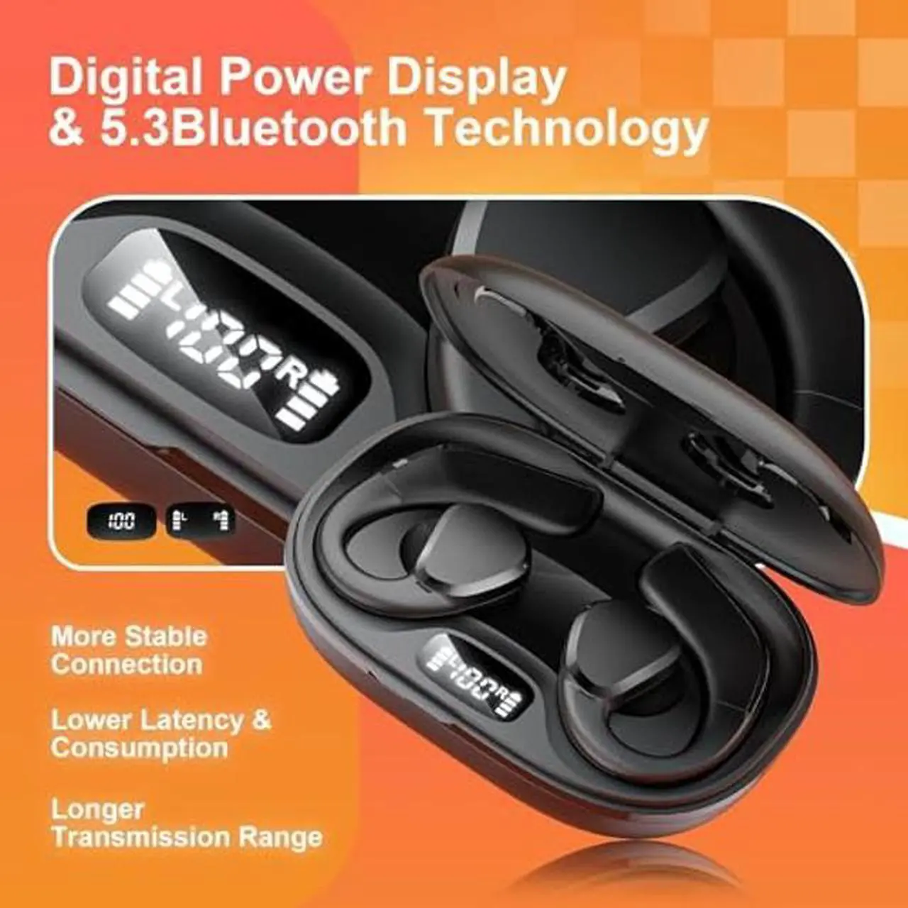 Alt view image 5 of 5 - TTQ Open Ear, Open Ear True Wireless Headphones Bluetooth 5.3, Sports with Earhooks & Mic, 60H Playtime, Wireless Charging Case & LED Display, Waterproof for Running, Workout