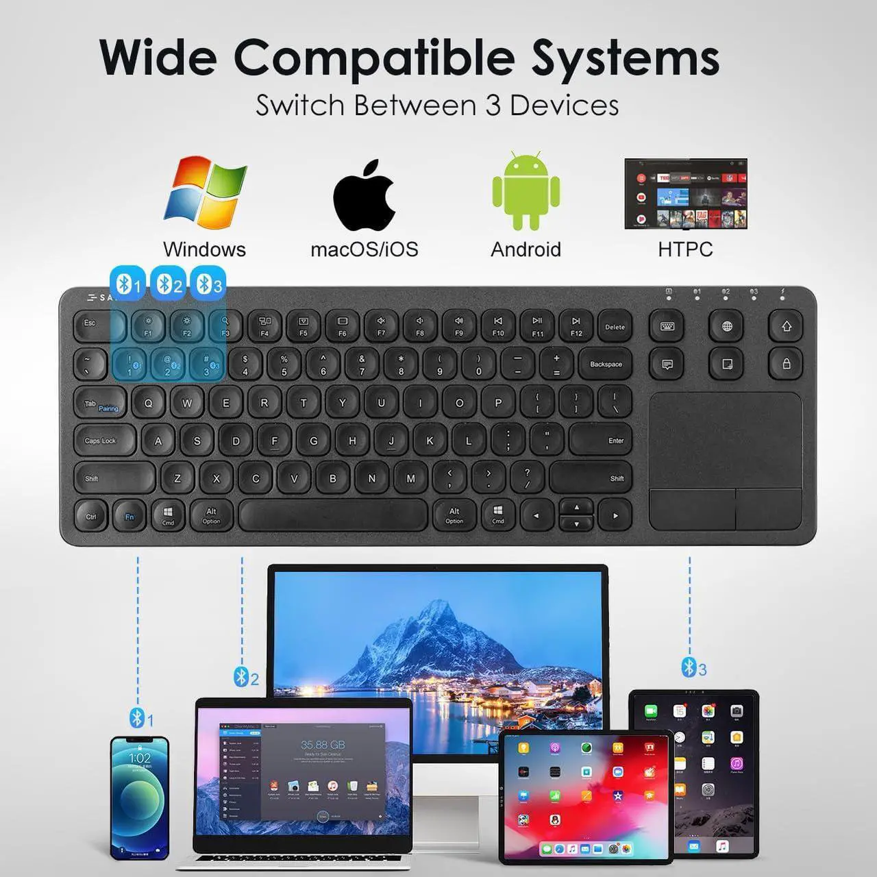 Alt view image 4 of 5 - SANWA Multi Device Bluetooth Keyboard with Touchpad, Rechargeable Keypad with Trackpad for Laptop Desktop Computer PC iPad/iPhone Tablet, Compatible with MacBook, Windows, Android, iOS, Black