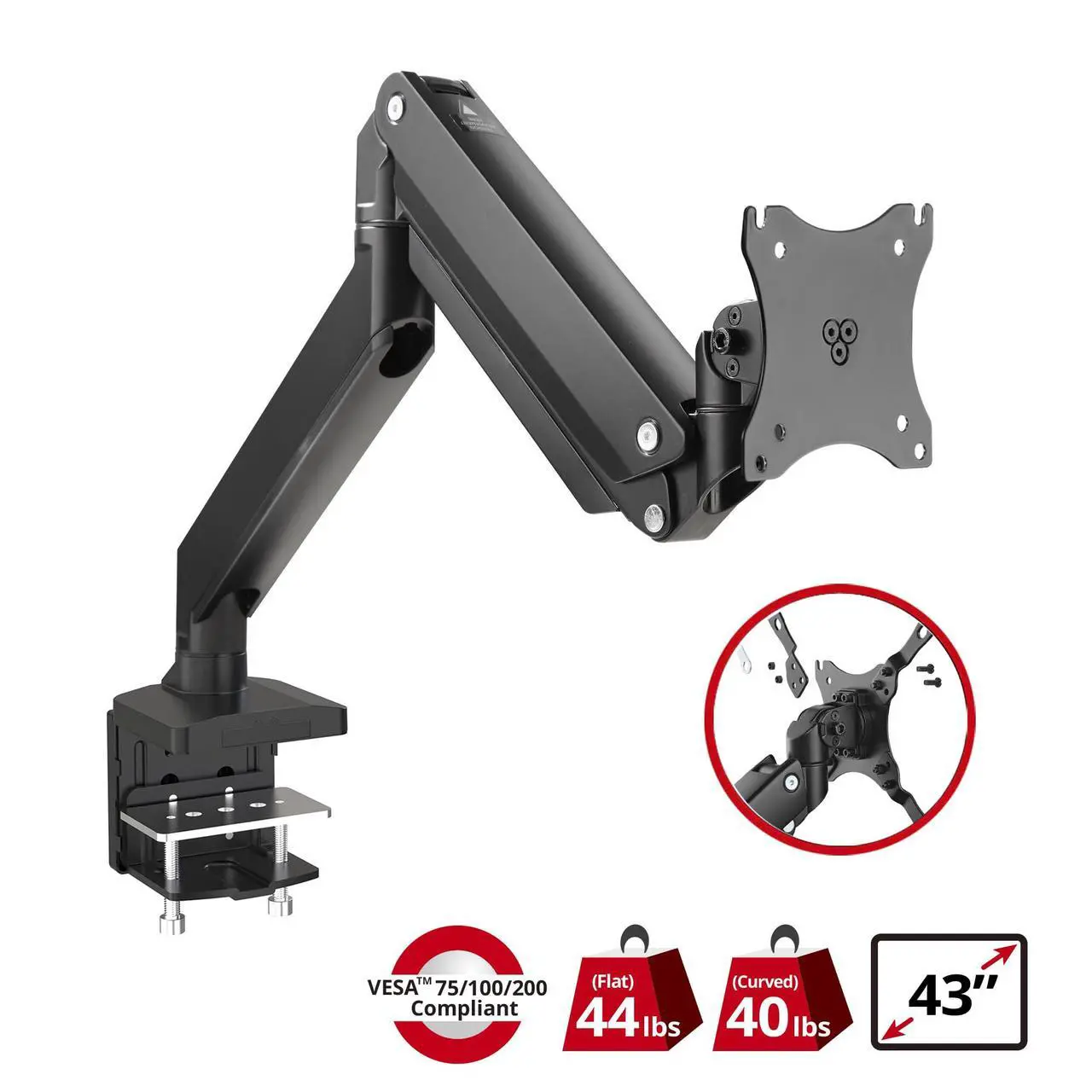 Alt view image 2 of 5 - SIIG Single Monitor Desk Mount, 17" to 43", Heavy-Duty Premium Gas Spring, Fits Flat/Curved/Ultrawide Monitor, Load 33 lbs Max, VESA 75x75 100x100, 200x200, C-Clamp and Grommet Base (CE-MT2Z11-S1)