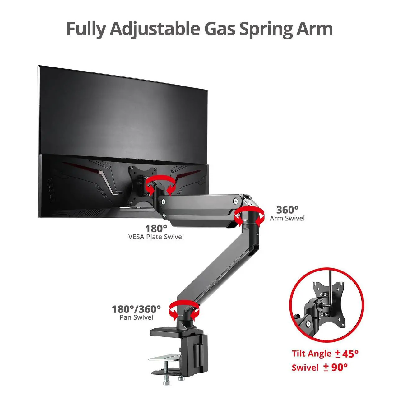 Alt view image 3 of 5 - SIIG Single Monitor Desk Mount, 17" to 43", Heavy-Duty Premium Gas Spring, Fits Flat/Curved/Ultrawide Monitor, Load 33 lbs Max, VESA 75x75 100x100, 200x200, C-Clamp and Grommet Base (CE-MT2Z11-S1)