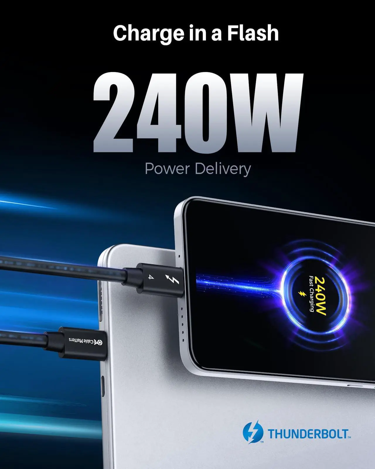 Alt view image 4 of 5 - Cable Matters [Intel Certified] 40Gbps Thunderbolt 4 Cable 3.3ft with 8K Video and 240W Charging - 1m, Compatible with USB4, Thunderbolt 3 Cable and USB-C