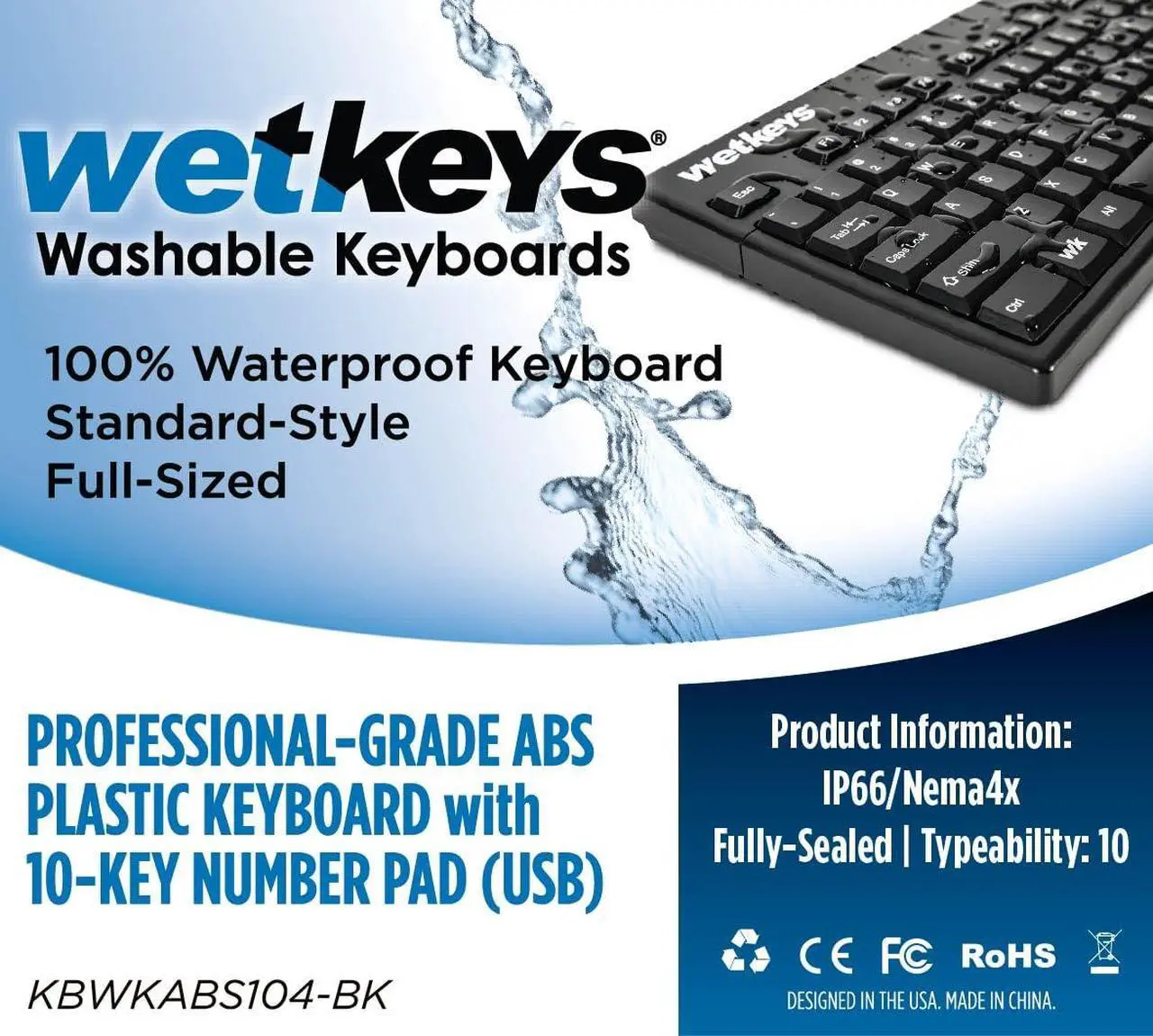 Alt view image 2 of 5 - WetKeys Professional-Grade Full-Size ABS Plastic Washable Keyboard with 10-Key Number-pad (USB) (Black) | KBWKABS104-BK