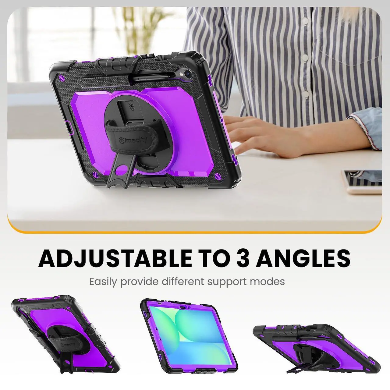 Alt view image 4 of 5 - Timecity Case for Samsung Galaxy Tab S10 FE/ S9 FE 5G 10.9 Inch/ S9 11 Inch - Heavy Duty Protective Cover with Screen Protector, Rotating Stand, Shoulder Strap & S Pen Holder | Kids-Friendly, Purple