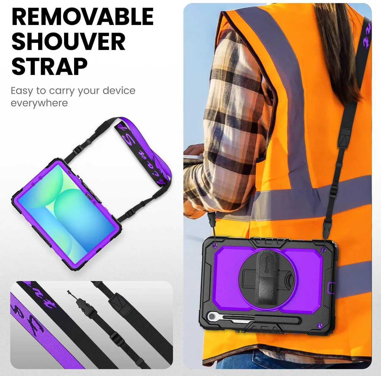 Alt view image 5 of 5 - Timecity Case for Samsung Galaxy Tab S10 FE/ S9 FE 5G 10.9 Inch/ S9 11 Inch - Heavy Duty Protective Cover with Screen Protector, Rotating Stand, Shoulder Strap & S Pen Holder | Kids-Friendly, Purple