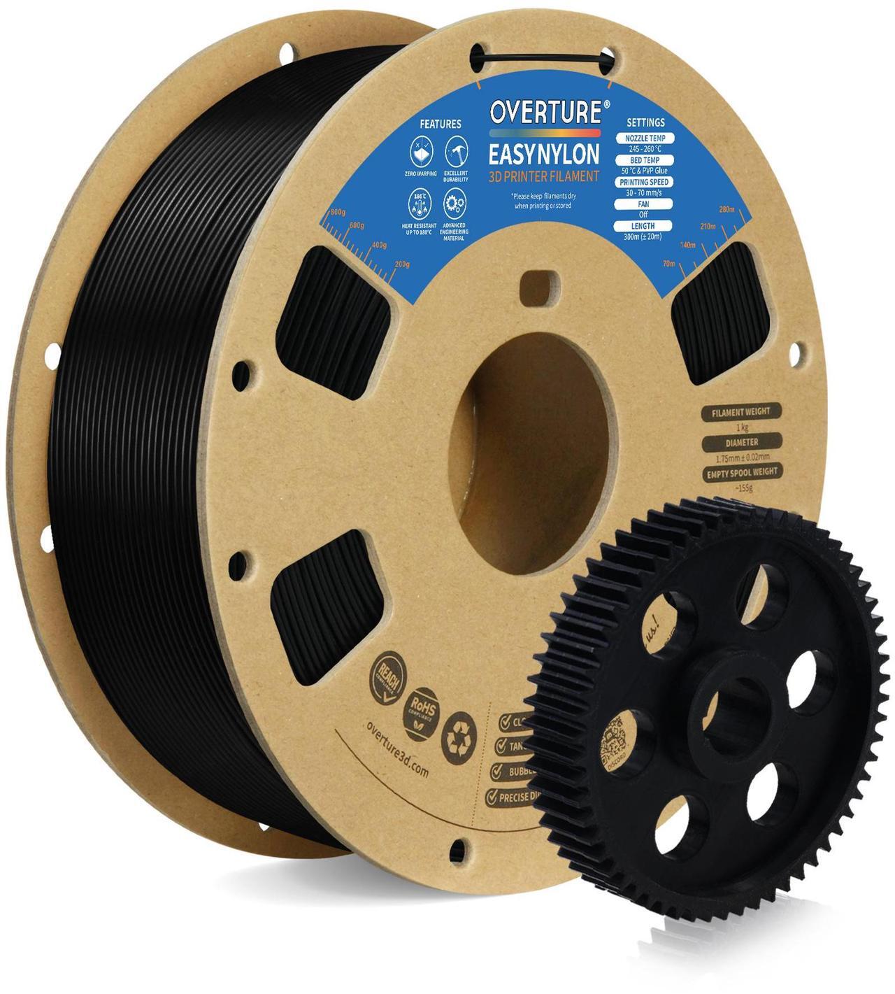 Main image of OVERTURE Nylon Filament 1.75mm 3D Printer Filament, Polyamide (PA) 1kg Spool (2.2lbs), Dimensional Accuracy +/- 0.03 mm, Fit Most FDM Printer (Black)