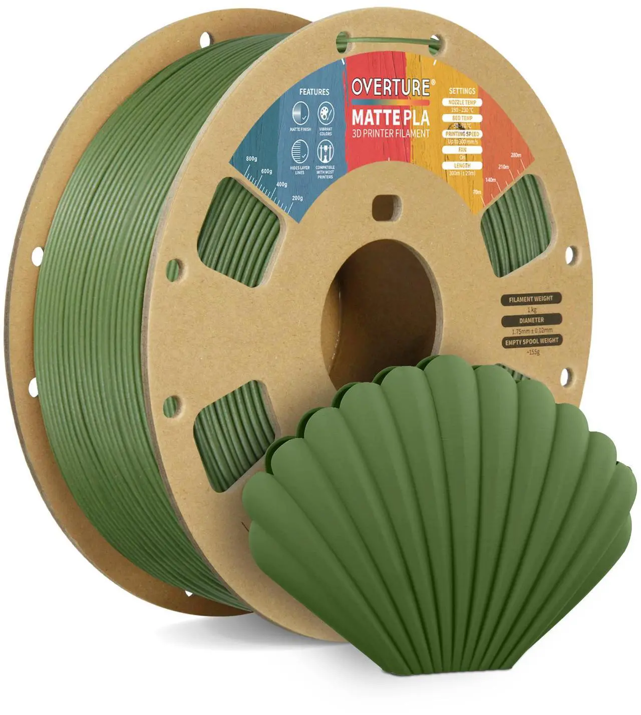 Main image of OVERTURE PLA Matte Filament 1.75mm, Matte PLA Roll 1kg Cardboard Spool (2.2lbs), Dimensional Accuracy +/- 0.03 mm (Army Green)