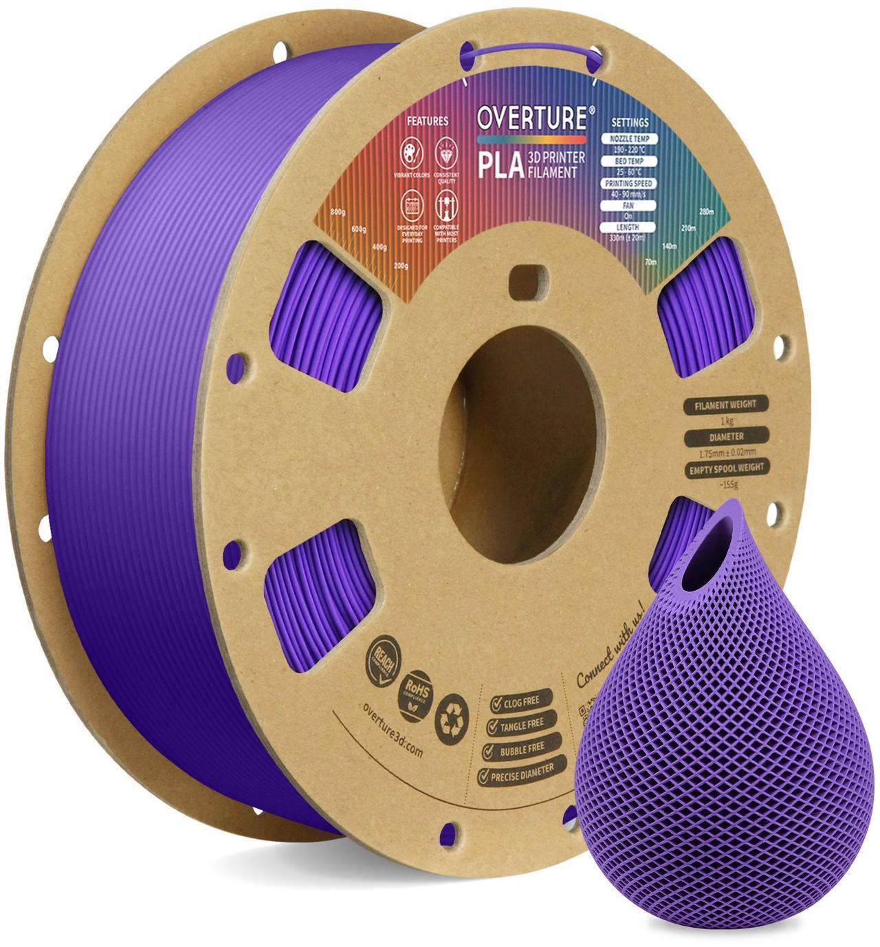 Main image of OVERTURE PLA Filament 1.75mm PLA 3D Printer Filament, 1kg Cardboard Spool (2.2lbs), Dimensional Accuracy +/- 0.03mm, Fit Most FDM Printer (Purple)