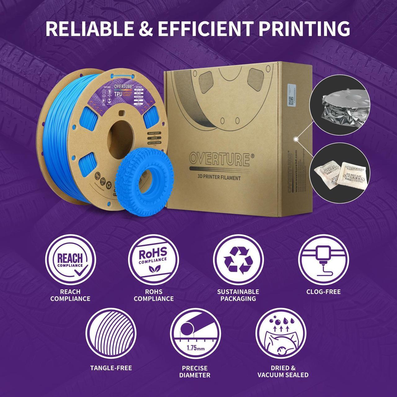 Alt view image 6 of 7 - OVERTURE TPU Filament 1.75mm Flexible TPU Roll, Soft 3D Printer Consumables, 1kg Spool (2.2 lbs), Dimensional Accuracy +/- 0.03 mm (Digital Blue)