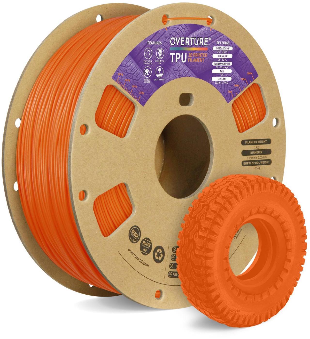 Main image of OVERTURE TPU Filament 1.75mm Flexible TPU Roll, Soft 3D Printer Consumables, 1kg Spool (2.2 lbs), Dimensional Accuracy +/- 0.03 mm (Orange)
