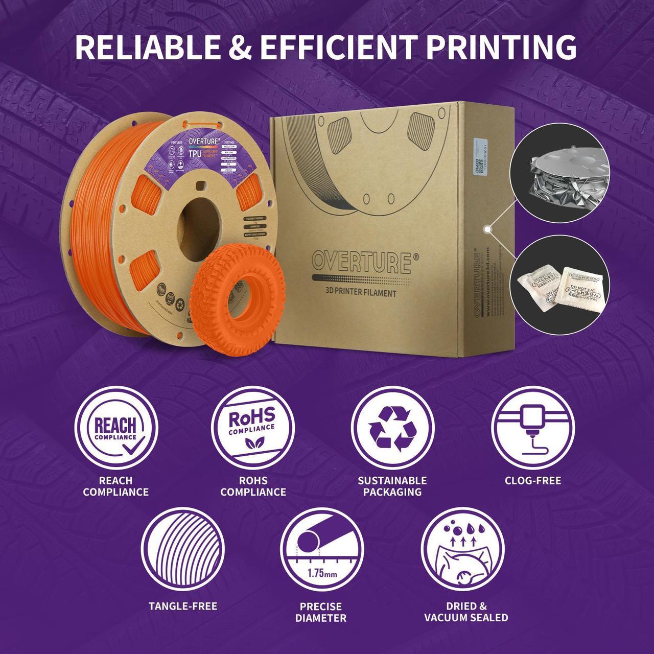 Alt view image 6 of 7 - OVERTURE TPU Filament 1.75mm Flexible TPU Roll, Soft 3D Printer Consumables, 1kg Spool (2.2 lbs), Dimensional Accuracy +/- 0.03 mm (Orange)