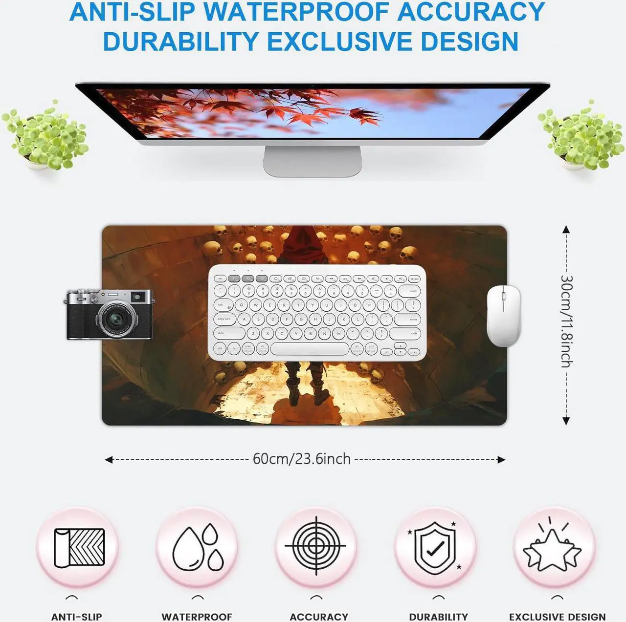 Alt view image 7 of 7 - TURTLEDOVE Skull cemetery Mouse Pad - Mouse Mat for Home and Office, Large Gaming Mousepad Laptop Keyboard Mat with Non-Slip Rubber Base, Stitched Edges 30*60cm