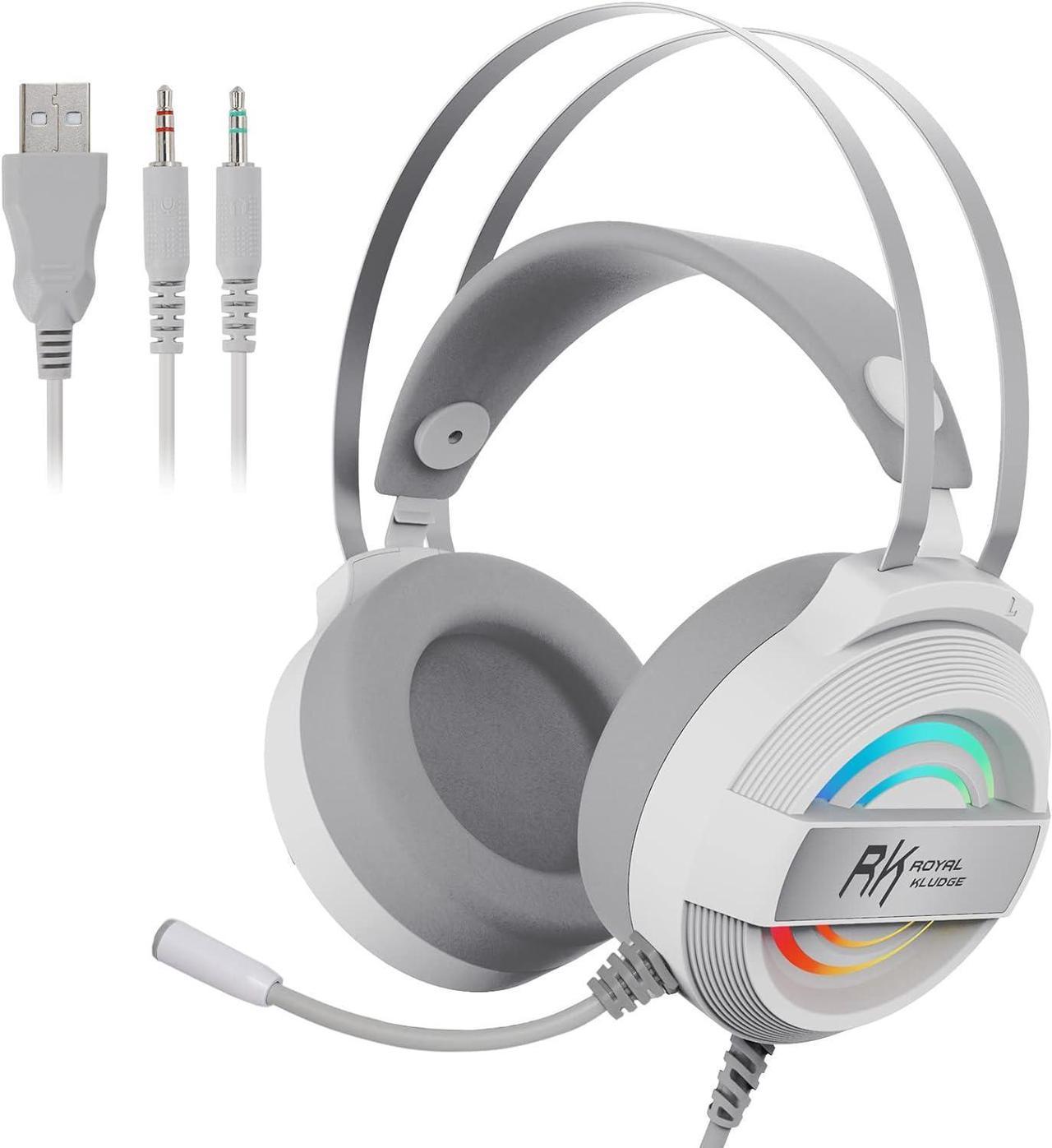 RK ROYAL KLUDGE PS4 Gaming Headset with Microphone, RK-E6000 PS5 Headset Xbox Headphone with Noise Cancelling Mic RGB Lights 7.1 Surround Sound for PS4 PS5 Xbox One Nintendo Switch PC, White