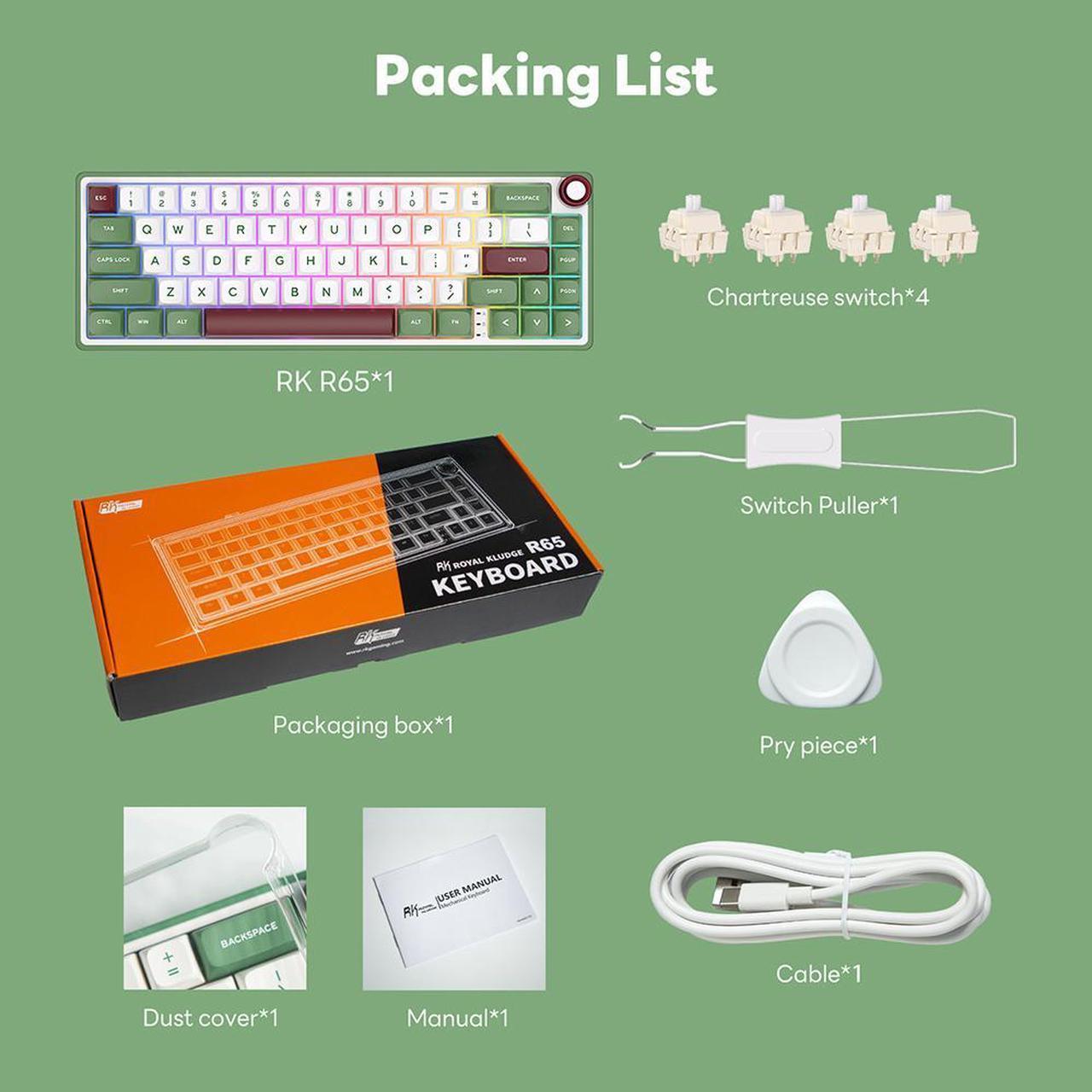 Alt view image 7 of 7 - RK ROYAL KLUDGE R65 Wired Gaming Keyboard with Volume Knob and QMK & ViA RGB Backlit Mechanical Keyboard Gasket Mount with PBT Keycaps, MDA Profile, 66 Keys Hot Swappable Chartreuse Switch