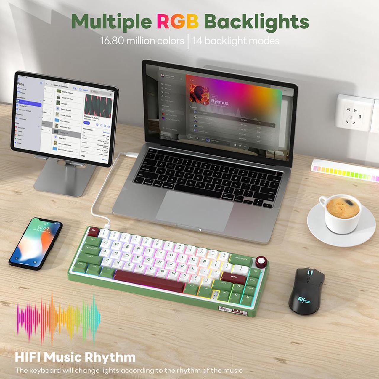 Alt view image 5 of 7 - RK ROYAL KLUDGE R65 Wired Gaming Keyboard with Volume Knob and QMK & ViA RGB Backlit Mechanical Keyboard Gasket Mount with PBT Keycaps, MDA Profile, 66 Keys Hot Swappable Chartreuse Switch