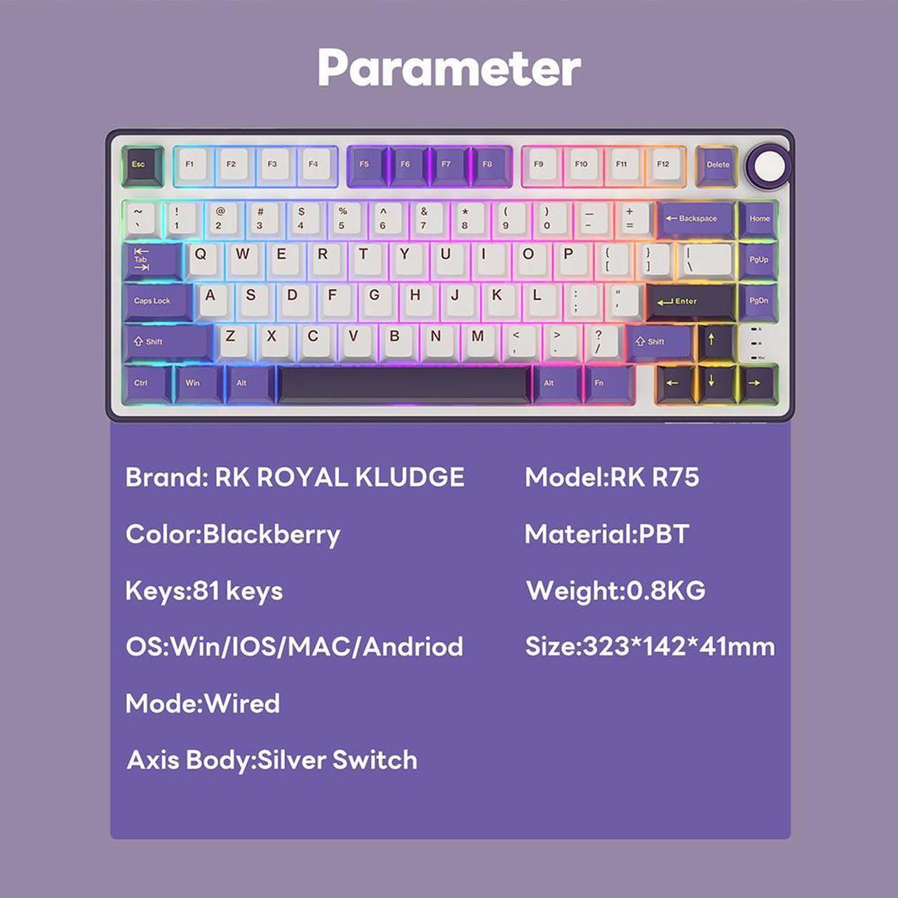 Alt view image 5 of 7 - RK ROYAL KLUDGE R75 Mechanical Keyboard Wired with Volumn Knob 75% TKL Custom Gaming Keyboard Gasket Mount RGB Backlit with Software MDA Profile Hot Swappable PBT Keycaps Keyboard Purple