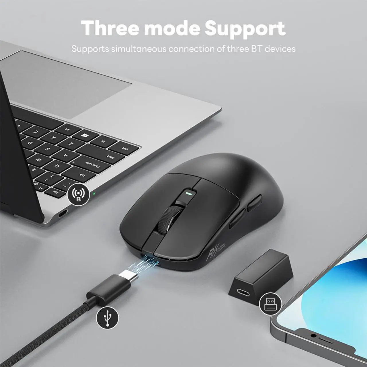 Alt view image 3 of 7 - RK Royal Kludge M3 - Wireless Performance Mouse with Ultra-fast Scrolling, Ergo, 26000 DPI, Quiet Clicks, USB-C, Bluetooth - Black