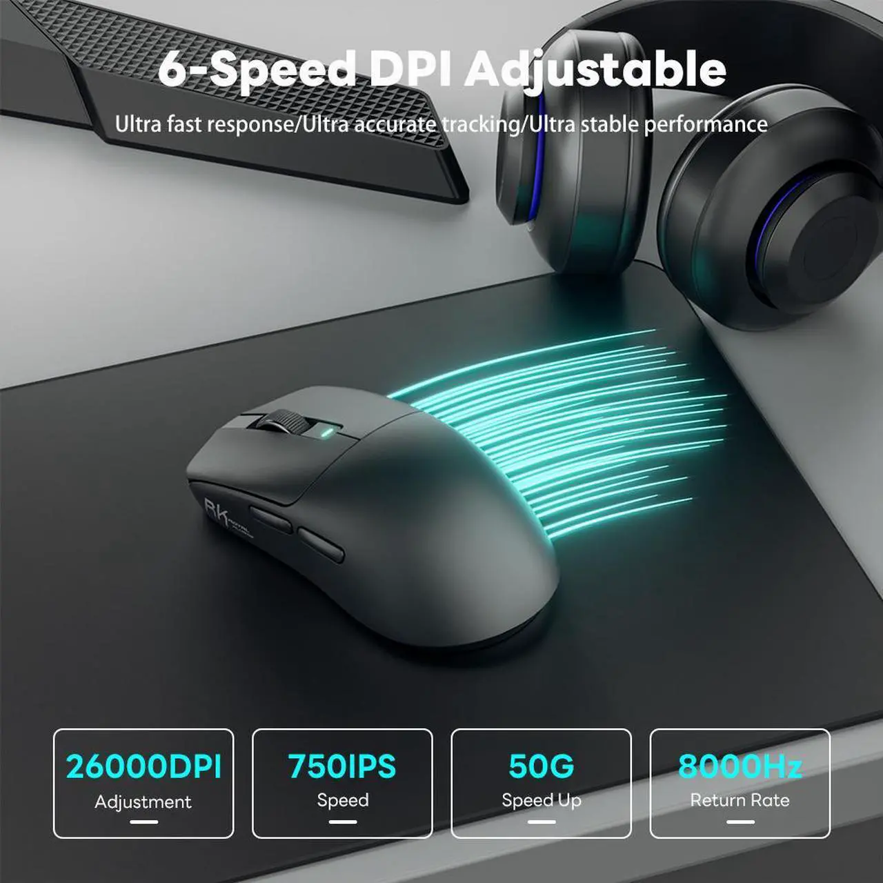 Alt view image 5 of 7 - RK Royal Kludge M3 - Wireless Performance Mouse with Ultra-fast Scrolling, Ergo, 26000 DPI, Quiet Clicks, USB-C, Bluetooth - Black