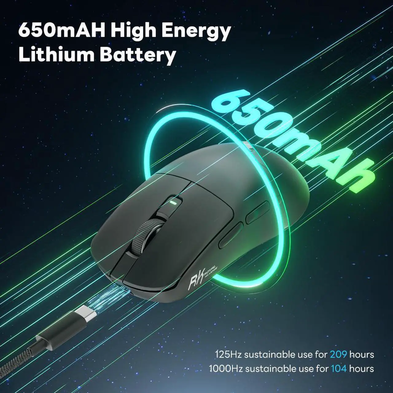 Alt view image 6 of 7 - RK Royal Kludge M3 - Wireless Performance Mouse with Ultra-fast Scrolling, Ergo, 26000 DPI, Quiet Clicks, USB-C, Bluetooth - Black