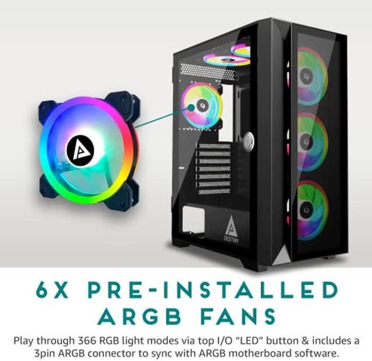 Alt view image 3 of 5 - Apevia Destiny-PRO-BK Destiny Pro Mid Tower Gaming PC Case w/ 6X 120mm ARGB Fans, 366 RGB Light Modes, 1x Glass Front Panel, 1x Door Swivel Style Magnetic Glass Side Panel, 2X USB3.0, Black
