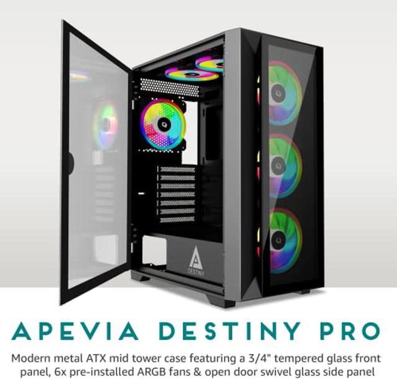 Alt view image 2 of 5 - Apevia Destiny-PRO-BK Destiny Pro Mid Tower Gaming PC Case w/ 6X 120mm ARGB Fans, 366 RGB Light Modes, 1x Glass Front Panel, 1x Door Swivel Style Magnetic Glass Side Panel, 2X USB3.0, Black