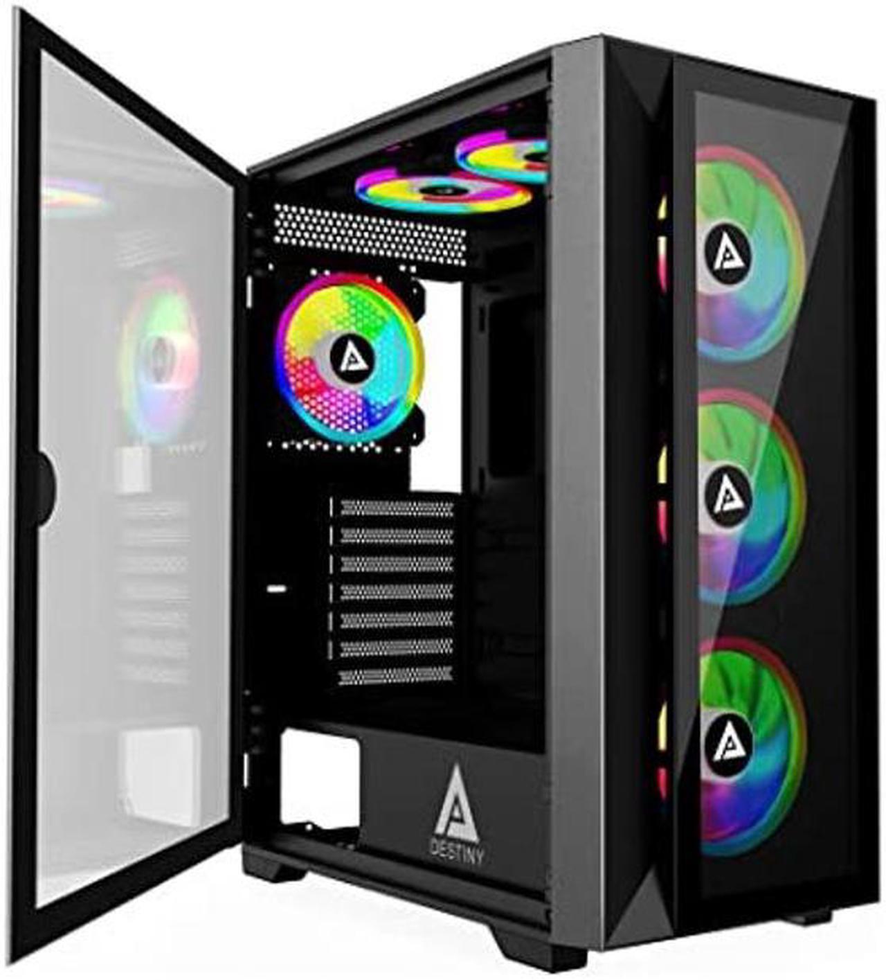 Main image of Apevia Destiny-PRO-BK Destiny Pro Mid Tower Gaming PC Case w/ 6X 120mm ARGB Fans, 366 RGB Light Modes, 1x Glass Front Panel, 1x Door Swivel Style Magnetic Glass Side Panel, 2X USB3.0, Black