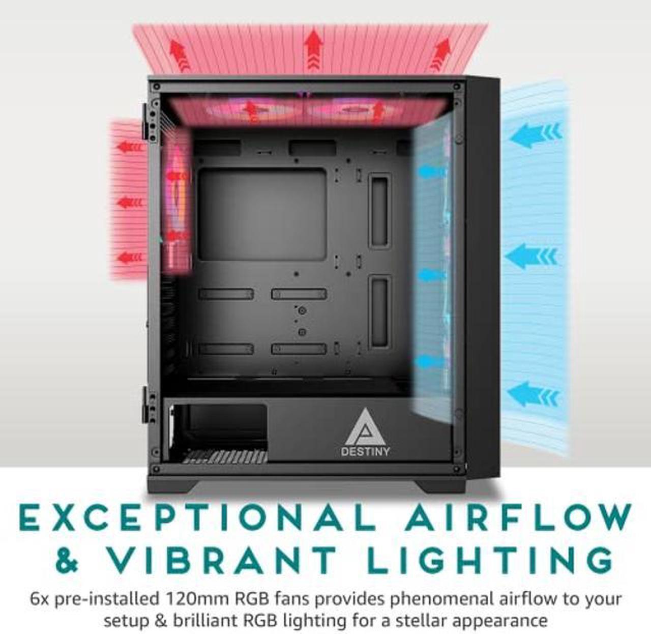 Alt view image 4 of 5 - Apevia Destiny-PRO-BK Destiny Pro Mid Tower Gaming PC Case w/ 6X 120mm ARGB Fans, 366 RGB Light Modes, 1x Glass Front Panel, 1x Door Swivel Style Magnetic Glass Side Panel, 2X USB3.0, Black