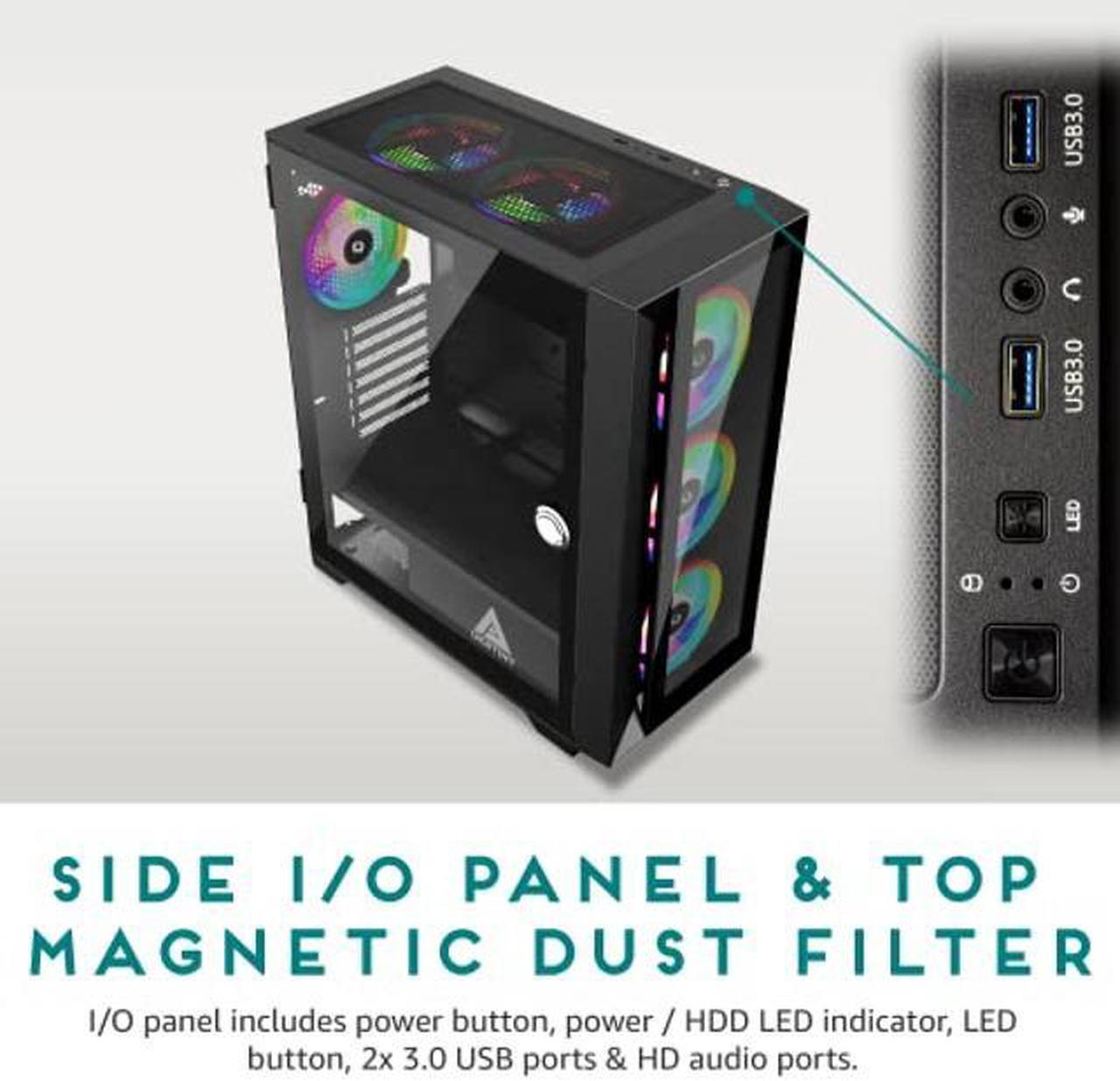 Alt view image 5 of 5 - Apevia Destiny-PRO-BK Destiny Pro Mid Tower Gaming PC Case w/ 6X 120mm ARGB Fans, 366 RGB Light Modes, 1x Glass Front Panel, 1x Door Swivel Style Magnetic Glass Side Panel, 2X USB3.0, Black