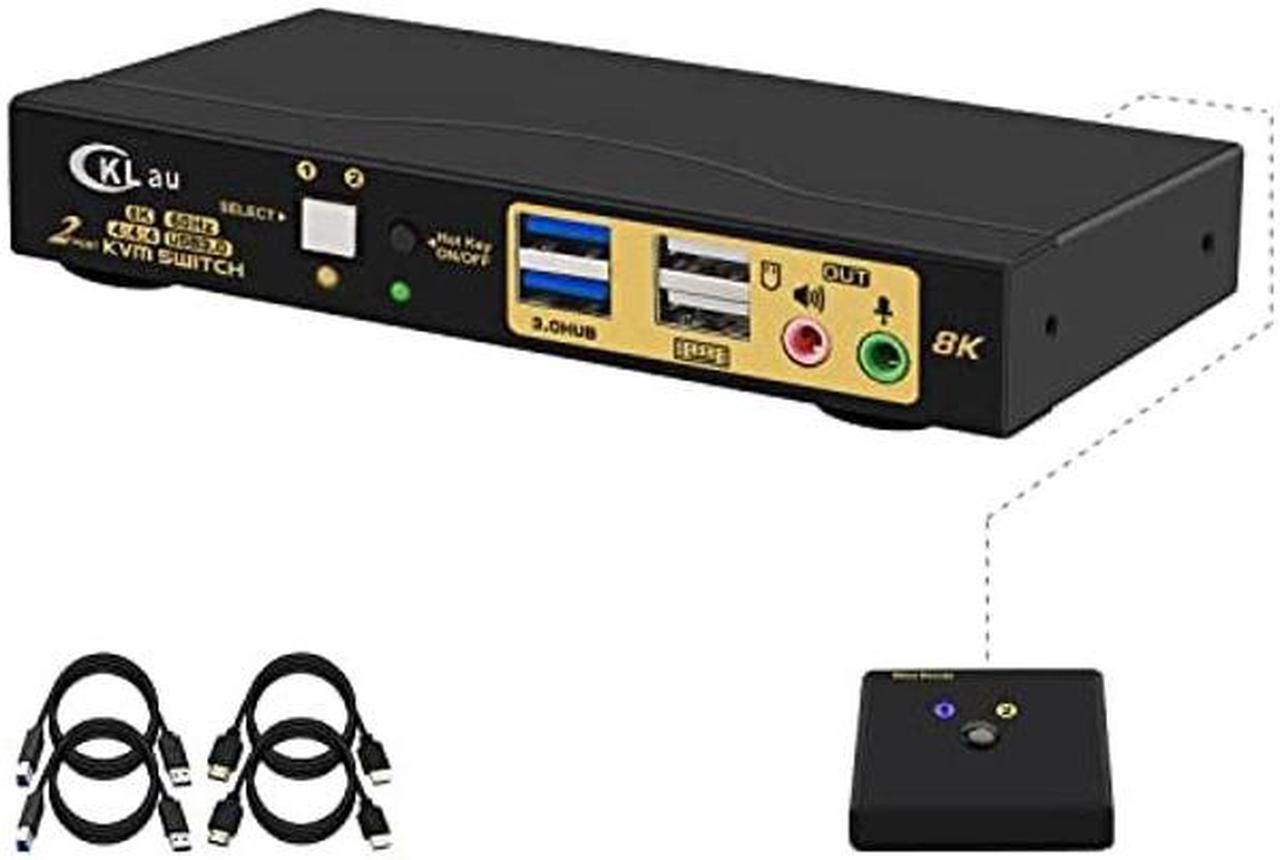 CKLau 2 Port 8K60Hz 4K144Hz HDMI KVM Switch with Cables, Audio, Microphone, and 2 pcs USB 3.0 Peripheral Hub for Keyboard Mouse 2 Computers Sharing One Monitor