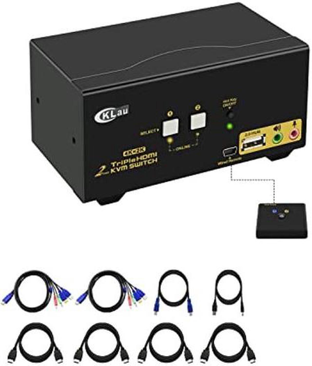 CKLau 4Kx2K@60Hz Dual Port 3 Monitor KVM Switch HDMI with Audio and Cables, KVM Switch 3 Monitors 2 Computers Supports HDMI 2.0, Wireless Keyboard Mouse